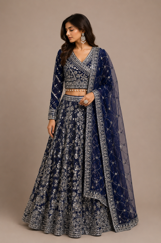 Alquiler Lehenga Azul marino con plateado