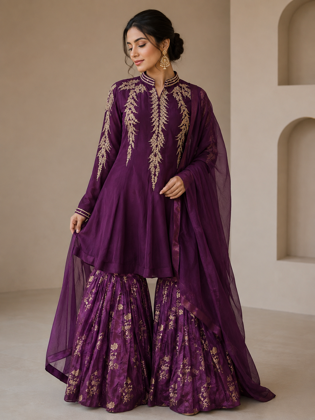 Alquiler Anarkali Morado con detalles Dorados