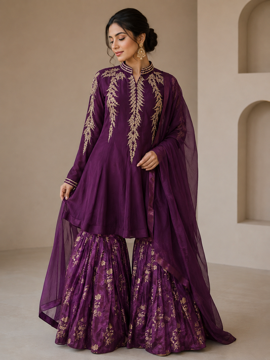 Alquiler Anarkali Morado con detalles Dorados