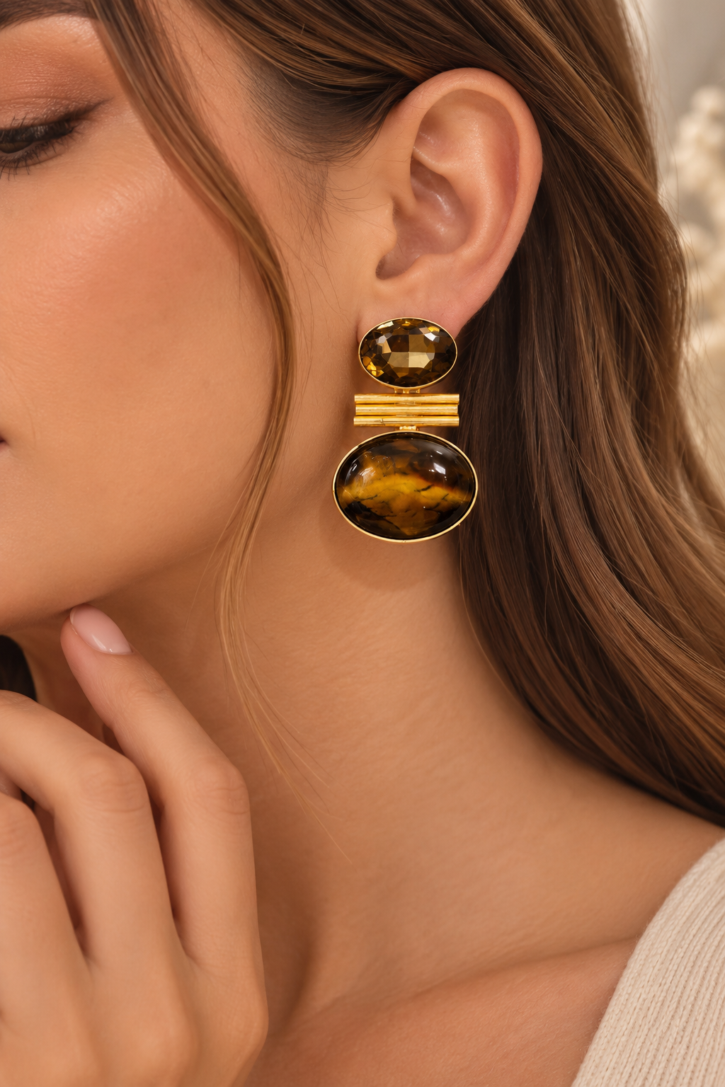 Aretes piedra y cristal café