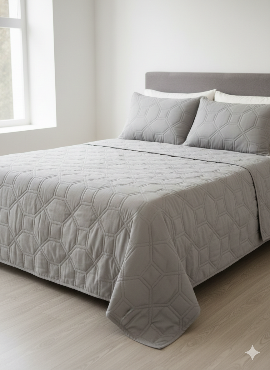 Cubre cama gris con diseño