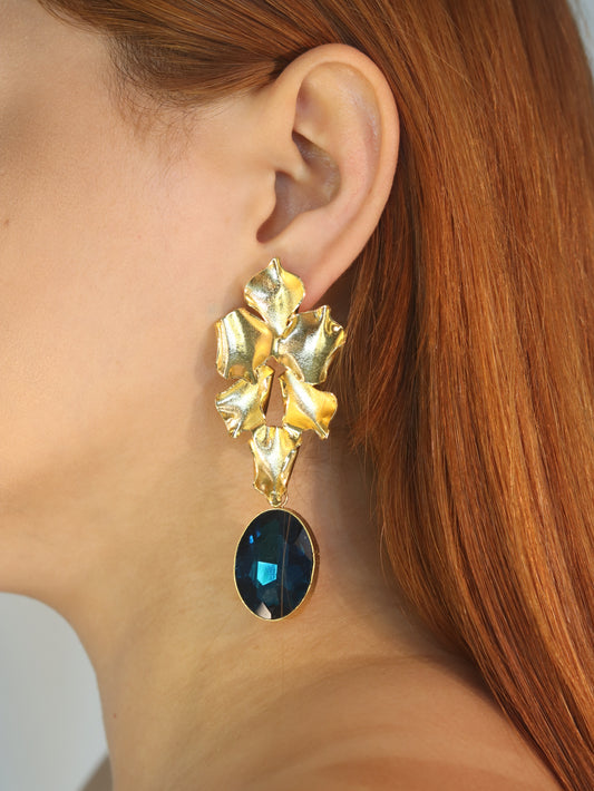 Aretes largos 6 petalos con cristal azul