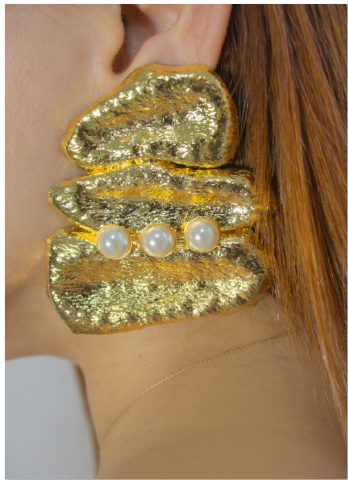 Aretes 3 formas grandes en bronce de 3 perlas en el centro