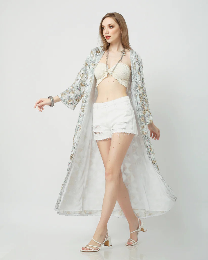 Iridescent Sequin Duster Kimono in White Gold Silver tones