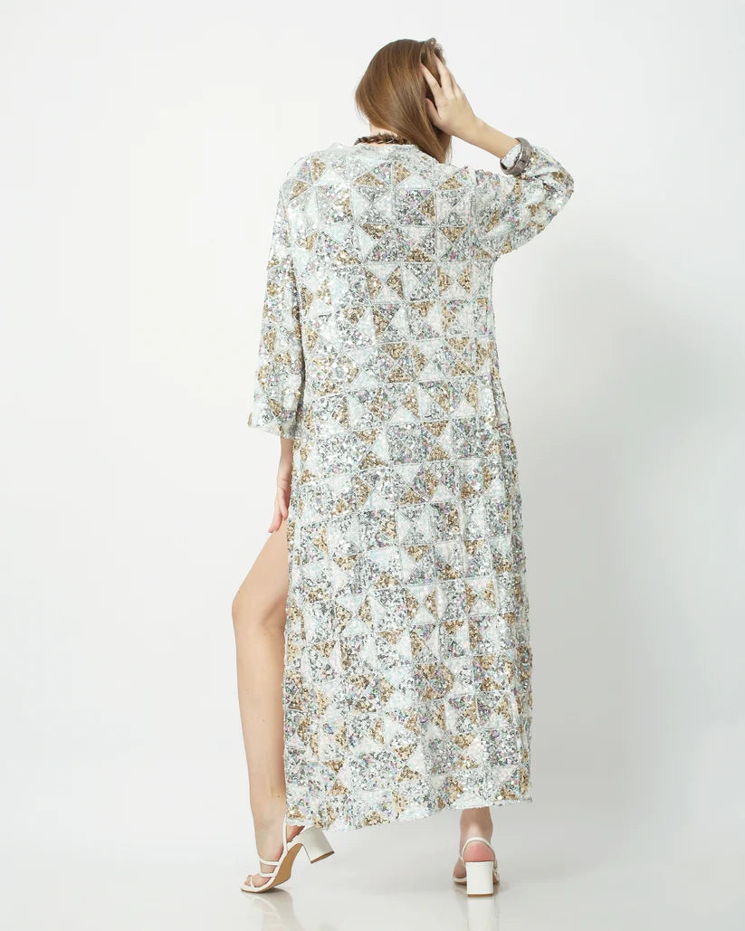 Iridescent Sequin Duster Kimono in White Gold Silver tones