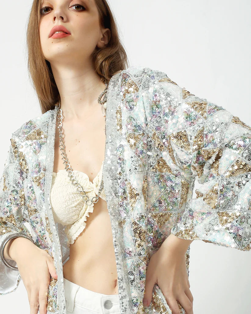 Iridescent Sequin Duster Kimono in White Gold Silver tones